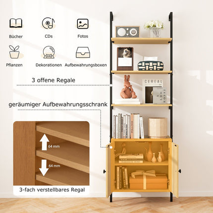 Wall-Mounted 3-Tier Bookshelf with Rattan Cabinet, 184 cm