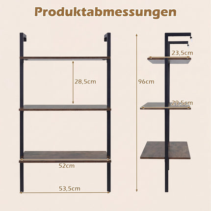 Wall-Mounted 3-Tier Shelf with Metal Frame, Brown