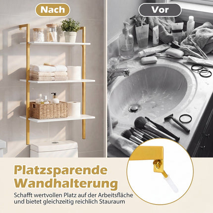 Wall-Mounted 3-Tier Shelf with Metal Frame, White