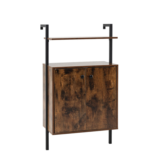 Wall-Mounted 4-Tier Bookshelf with Cabinet, Brown
