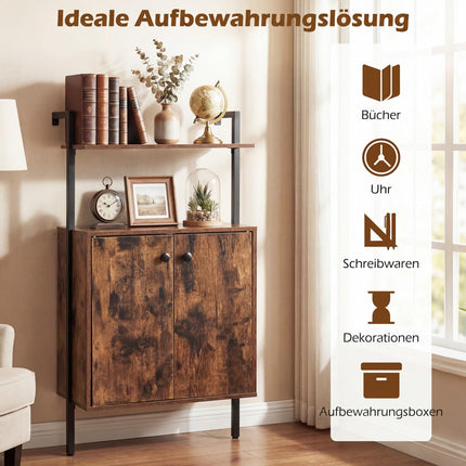 Wall-Mounted 4-Tier Bookshelf with Cabinet, Brown