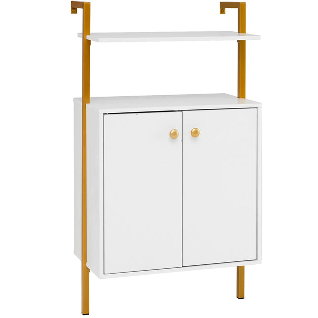 Wall-Mounted 4-Tier Bookshelf with Cabinet, White