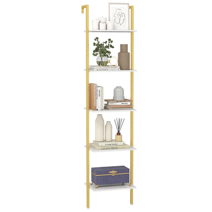 Wall-Mounted 5-Tier Ladder Bookshelf with Metal Frame