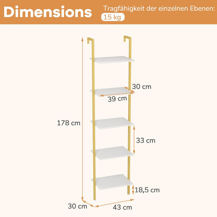 Wall-Mounted 5-Tier Ladder Bookshelf with Metal Frame