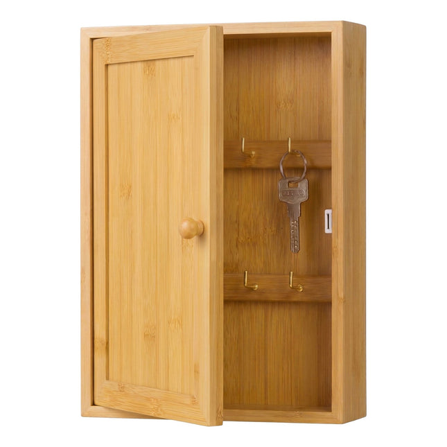Wall-Mounted Bamboo Key Box, 8 Hooks, Magnetic Door