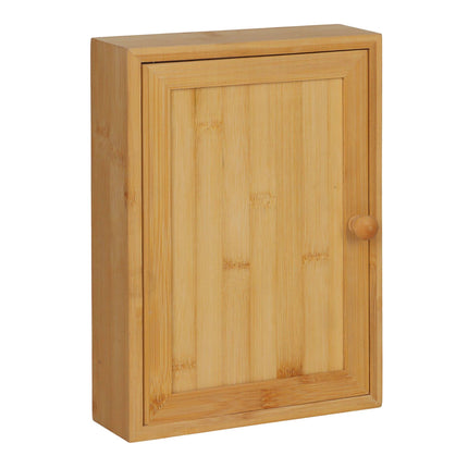 Wall-Mounted Bamboo Key Box, 8 Hooks, Magnetic Door