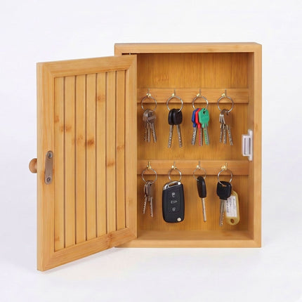 Wall-Mounted Bamboo Key Box, 8 Hooks, Magnetic Door