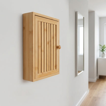Wall-Mounted Bamboo Key Box, 8 Hooks, Magnetic Door