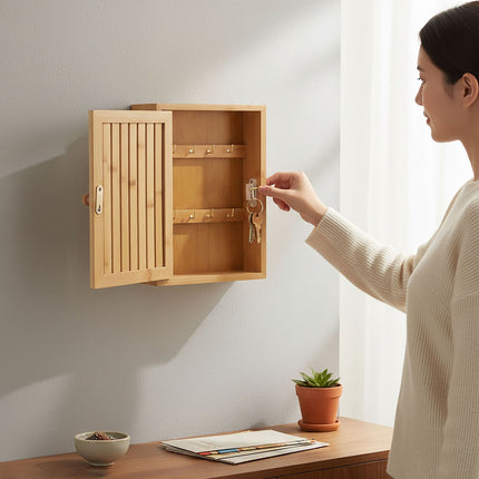 Wall-Mounted Bamboo Key Box, 8 Hooks, Magnetic Door