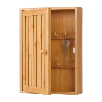 Wall-Mounted Bamboo Key Box, 8 Hooks, Magnetic Door