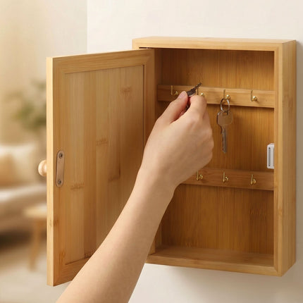 Wall-Mounted Bamboo Key Box, 8 Hooks, Magnetic Door