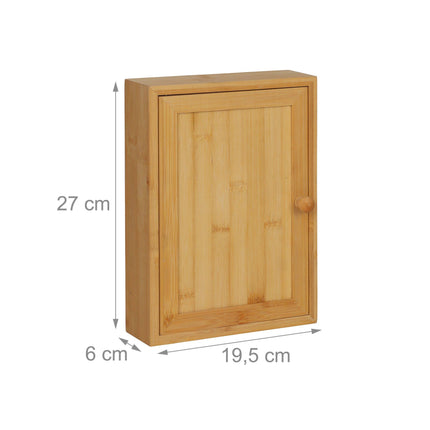 Wall-Mounted Bamboo Key Box, 8 Hooks, Magnetic Door