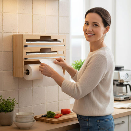 Wall-Mounted Bamboo Kitchen Roll & Foil Dispenser