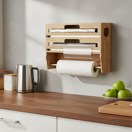 Wall-Mounted Bamboo Kitchen Roll & Foil Dispenser