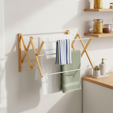 Wall-Mounted Bamboo Metal Drying Rack, Space-Saving Design