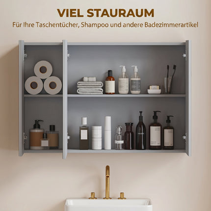 Wall-Mounted Bathroom Mirror Cabinet, 3-Door, Grey, Adjustable