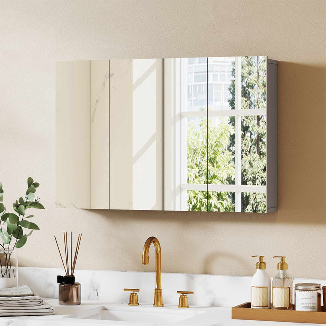 Wall-Mounted Bathroom Mirror Cabinet, 3-Door, Grey, Adjustable