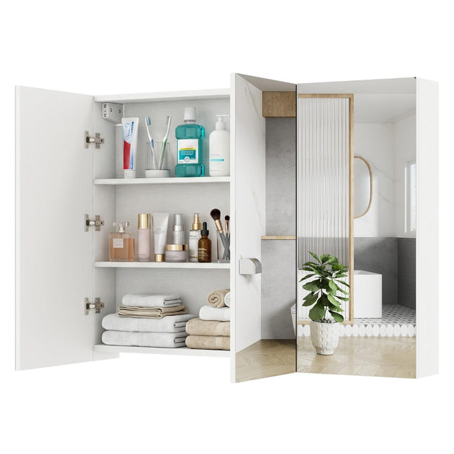 Wall-Mounted Bathroom Mirror Cabinet, 87 cm, 3 Doors, 6 Shelves
