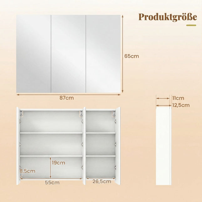 Wall-Mounted Bathroom Mirror Cabinet, 87 cm, 3 Doors, 6 Shelves