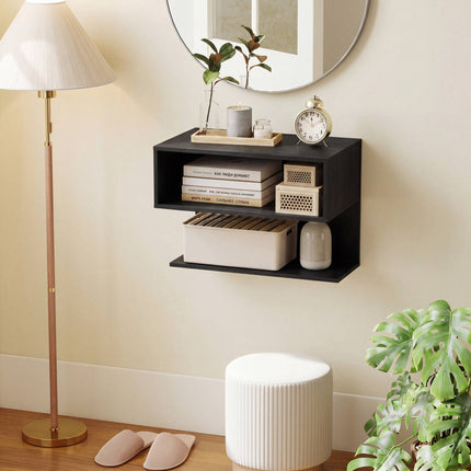 Wall-Mounted Black Bedside Table with Storage Shelves