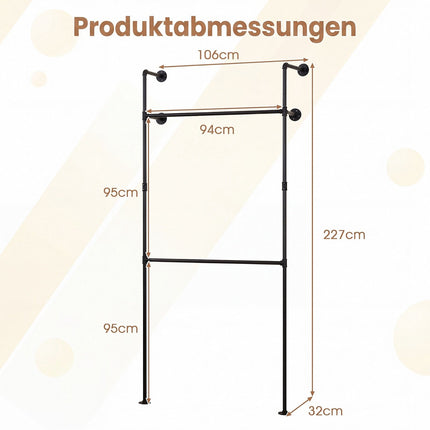 Wall Mounted Black Pipe Clothing Rack with 2 Rods
