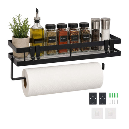 Wall-Mounted Black Spice Rack with Hooks and Roll Holder