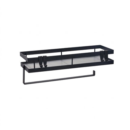 Wall-Mounted Black Spice Rack with Hooks and Roll Holder