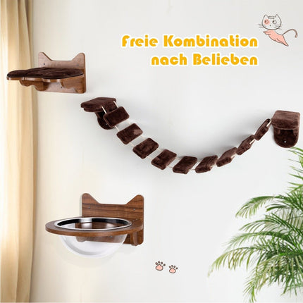 Wall-Mounted Cat Climbing Set with Bed and Bridge, Brown