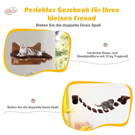 Wall-Mounted Cat Climbing Set with Bed and Bridge, Brown