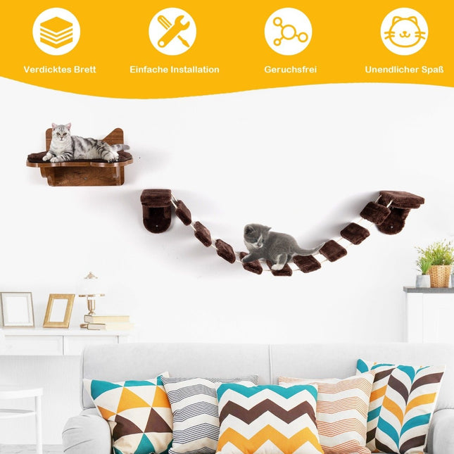 Wall-Mounted Cat Climbing Set with Bed and Bridge, Brown