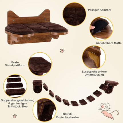 Wall-Mounted Cat Climbing Set with Bed and Bridge, Brown
