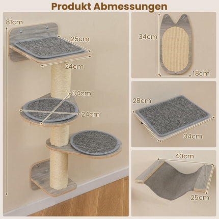 Wall-Mounted Cat Climbing Set with Scratching Post & Hammock