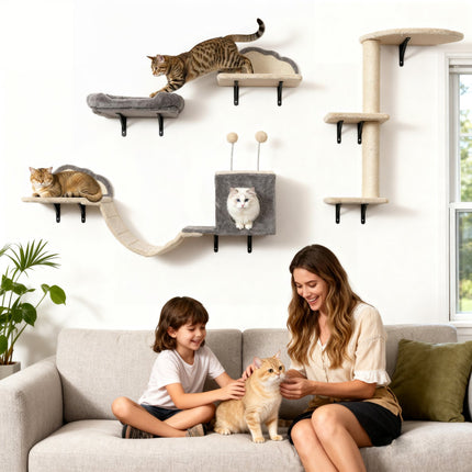 Wall-Mounted Cat Tree Set, Sisal, 4 Pieces, Beige