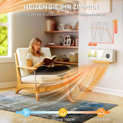 Wall-Mounted Ceramic Heater, 2000W, Remote, LED Display