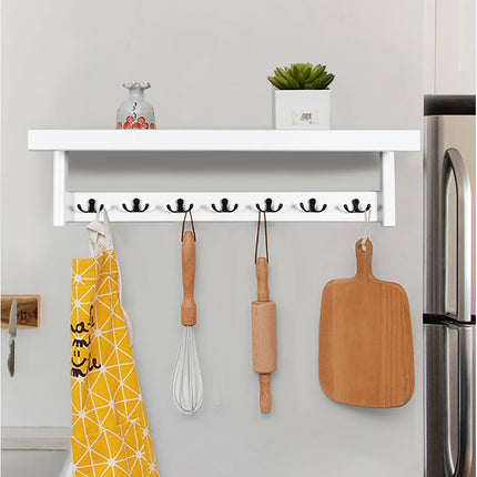 Wall-Mounted Coat Rack, 7 Double Hooks, Shelf, Rubberwood