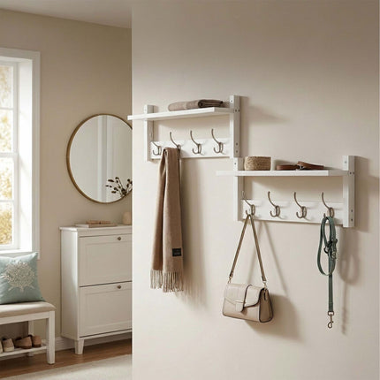 Wall-Mounted Coat Rack Set, White – MDF & Iron