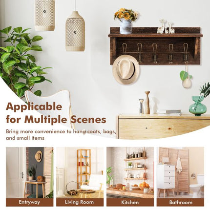 Wall-Mounted Coat Rack With Shelf, 5 Dual Hooks, Brown