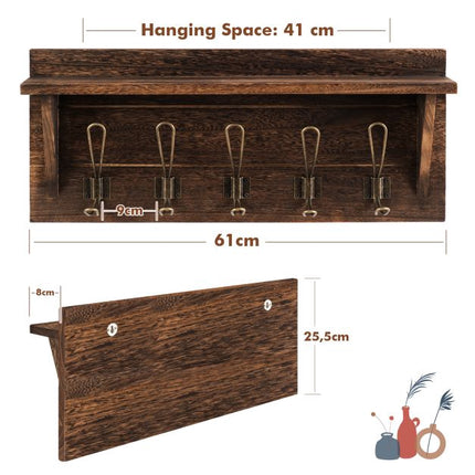 Wall-Mounted Coat Rack With Shelf, 5 Dual Hooks, Brown