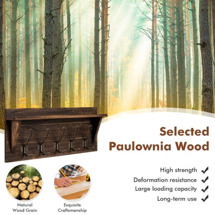Wall-Mounted Coat Rack With Shelf, 5 Dual Hooks, Brown