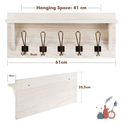 Wall-Mounted Coat Rack With Shelf, 5 Dual Hooks, White