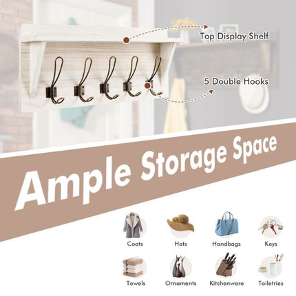 Wall-Mounted Coat Rack With Shelf, 5 Dual Hooks, White