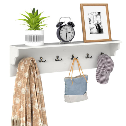 Wall-Mounted Coat Rack with Shelf & 6 Hooks, White Wood