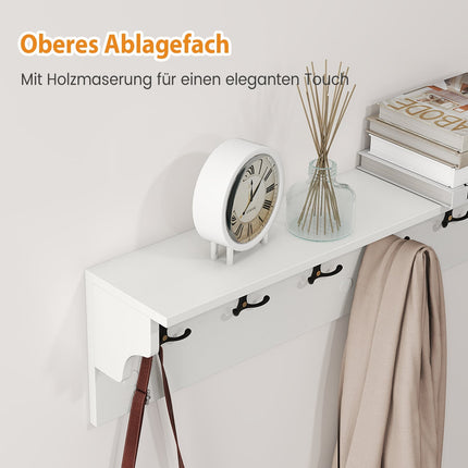 Wall-Mounted Coat Rack with Shelf & 6 Hooks, White Wood