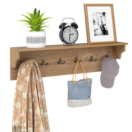 Wall-Mounted Coat Rack with Shelf & 6 Hooks, Wood