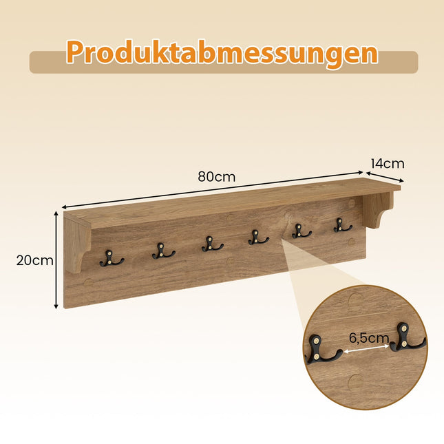 Wandkapstok met plank en 6 haken, hout