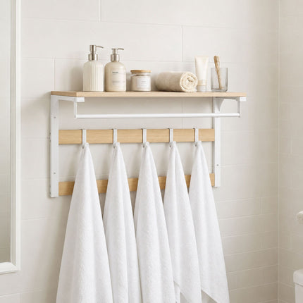 Wall-Mounted Coat Rack with Shelf, White Oak, 65 cm