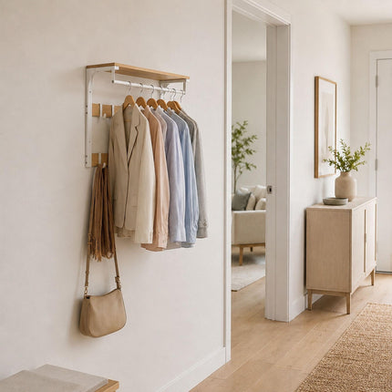 Wall-Mounted Coat Rack with Shelf, White Oak, 65 cm