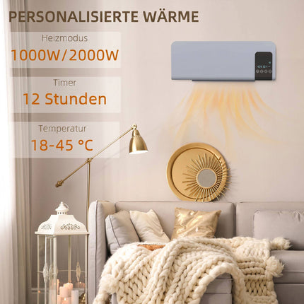 Wall-Mounted Electric Heater, Grey, 2 Modes, Timer, LED Display