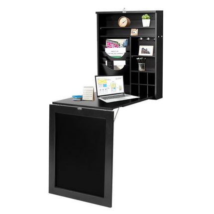 Wall-Mounted Folding Desk, Blackboard and Storage, Black