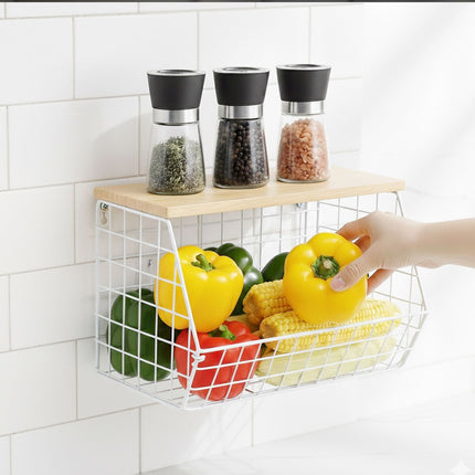 Wall-Mounted Fruit Rack with Wood-Effect Shelf